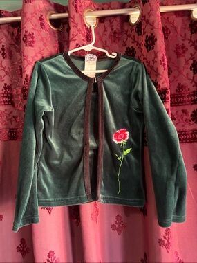 Vintage Girls' Dark Green Velvet Cardigan with Rose Embroidery Size 7/8